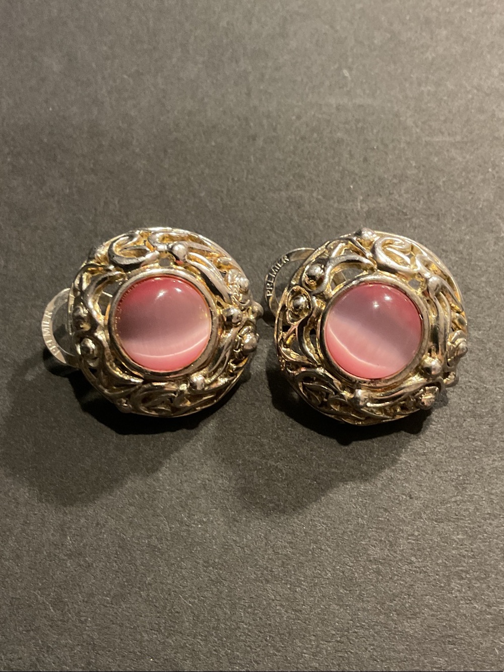 Premier Pink Cabochon Gold-Tone Filigree Clip-On Earrings